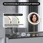 LED makeup mirror dual-sided magnification comparing 1X standard view and 10X close-up view