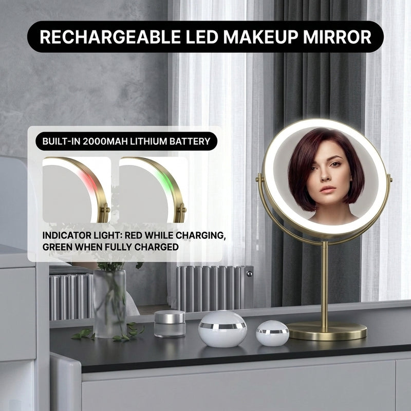 LED makeup mirror dual-sided magnification comparing 1X standard view and 10X close-up view