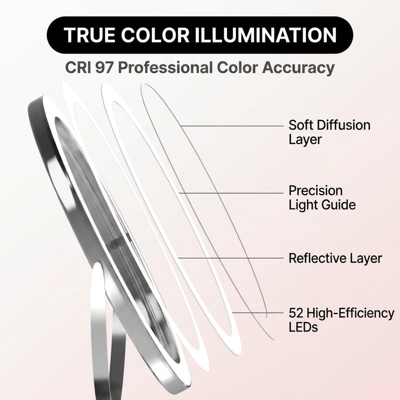 LED makeup mirror dual-sided magnification comparing 1X standard view and 10X close-up view