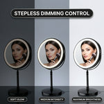 LED makeup mirror dual-sided magnification comparing 1X standard view and 10X close-up view