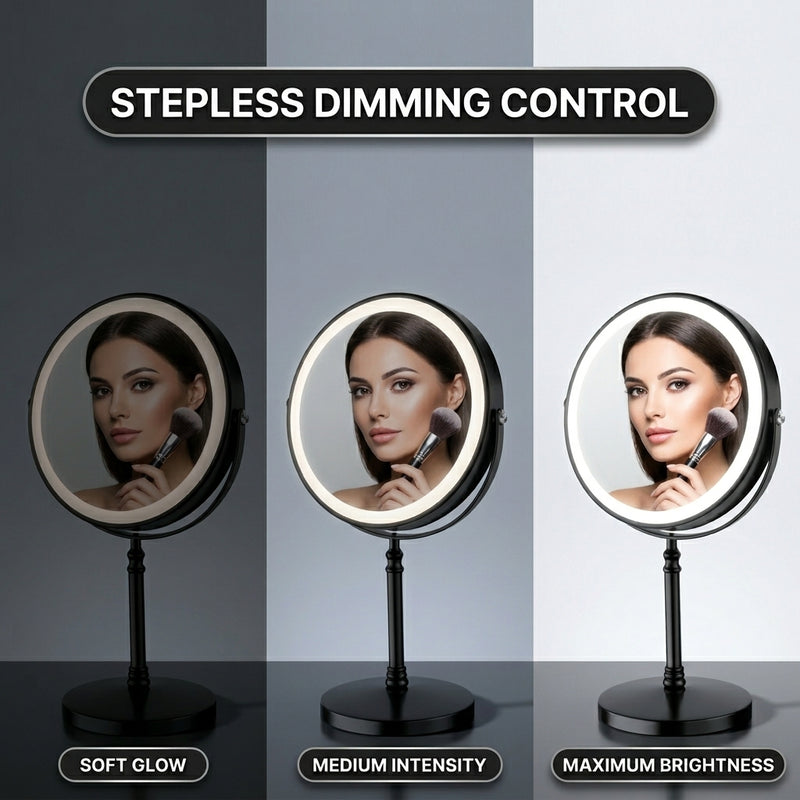 LED makeup mirror dual-sided magnification comparing 1X standard view and 10X close-up view