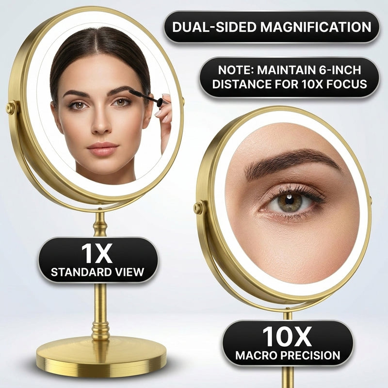 LED makeup mirror dual-sided magnification comparing 1X standard view and 10X close-up view
