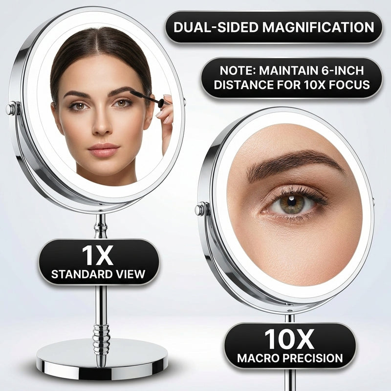 LED makeup mirror dual-sided magnification comparing 1X standard view and 10X close-up view