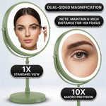 LED makeup mirror dual-sided magnification comparing 1X standard view and 10X close-up view