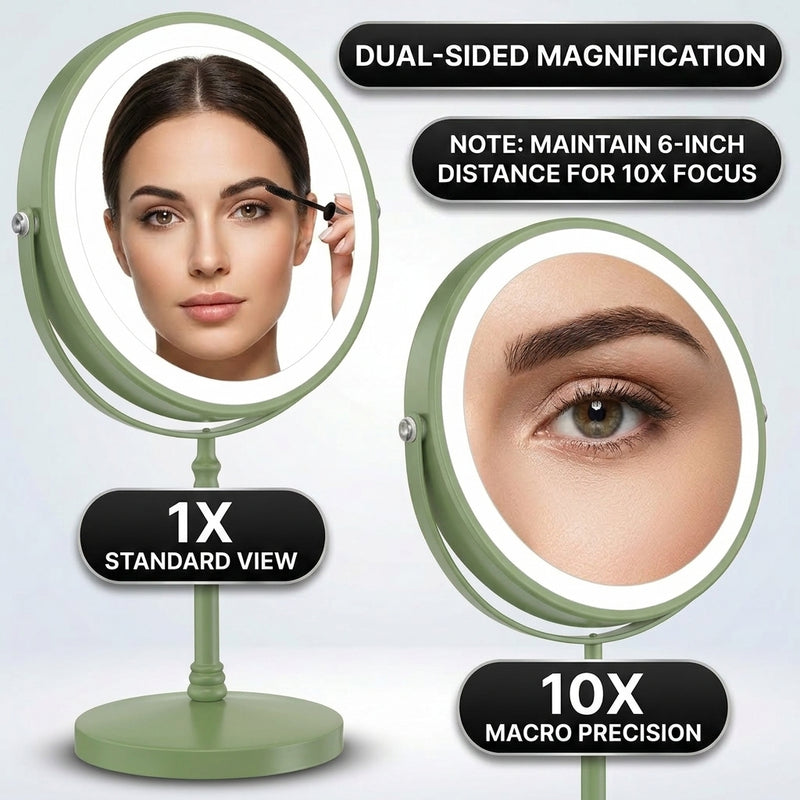LED makeup mirror dual-sided magnification comparing 1X standard view and 10X close-up view