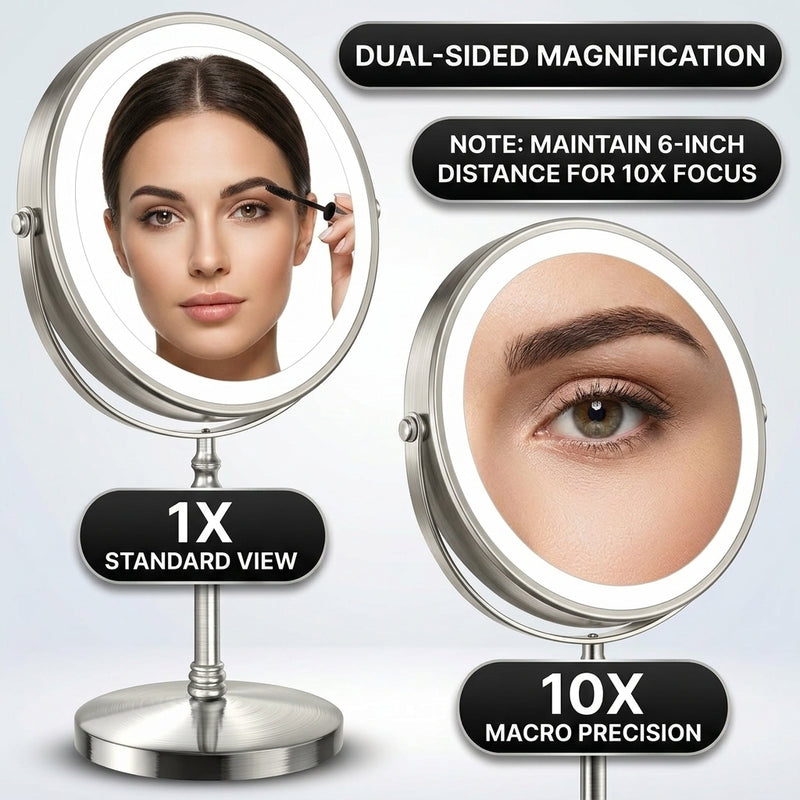 LED makeup mirror dual-sided magnification comparing 1X standard view and 10X close-up view