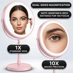LED makeup mirror dual-sided magnification comparing 1X standard view and 10X close-up view