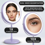 LED makeup mirror dual-sided magnification comparing 1X standard view and 10X close-up view