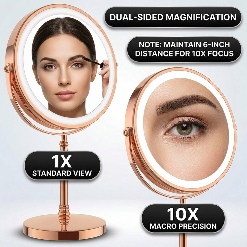LED makeup mirror dual-sided magnification comparing 1X standard view and 10X close-up view