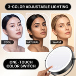LED makeup mirror dual-sided magnification comparing 1X standard view and 10X close-up view