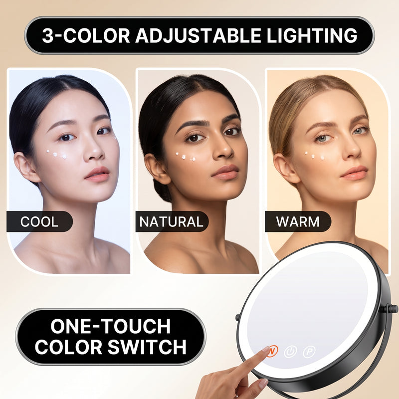 LED makeup mirror dual-sided magnification comparing 1X standard view and 10X close-up view