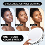 LED makeup mirror dual-sided magnification comparing 1X standard view and 10X close-up view