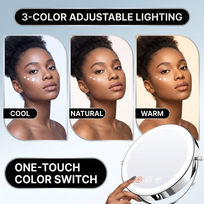 LED makeup mirror dual-sided magnification comparing 1X standard view and 10X close-up view