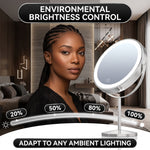 LED makeup mirror dual-sided magnification comparing 1X standard view and 10X close-up view