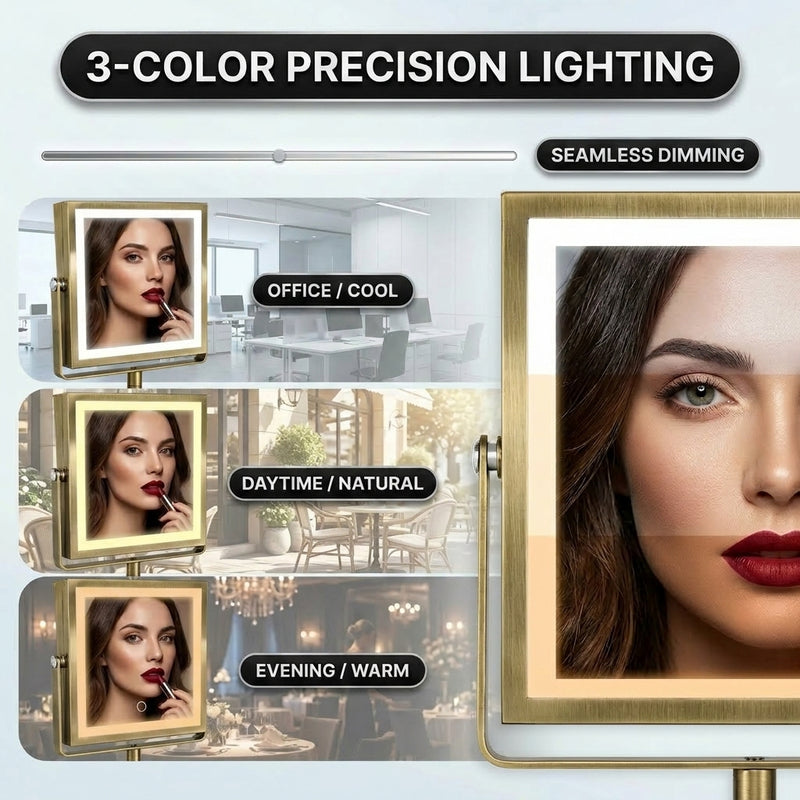 LED makeup mirror showing 3 dimmable lighting modes: cool, natural, and warm