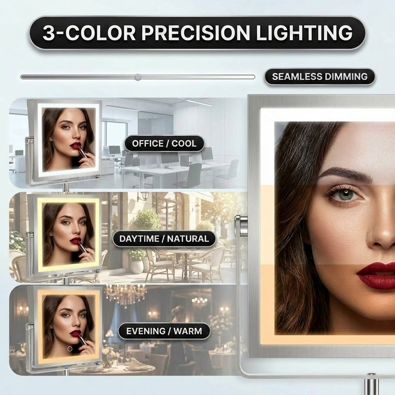 LED makeup mirror showing 3 dimmable lighting modes: cool, natural, and warm