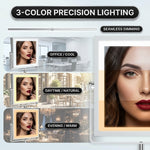 LED makeup mirror showing 3 dimmable lighting modes: cool, natural, and warm