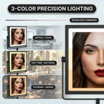 LED makeup mirror showing 3 dimmable lighting modes: cool, natural, and warm