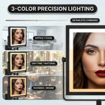 LED makeup mirror showing 3 dimmable lighting modes: cool, natural, and warm
