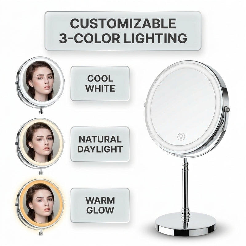 LED makeup mirror customizable 3-color lighting: cool white, natural daylight, and warm glow