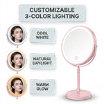 LED makeup mirror customizable 3-color lighting: cool white, natural daylight, and warm glow
