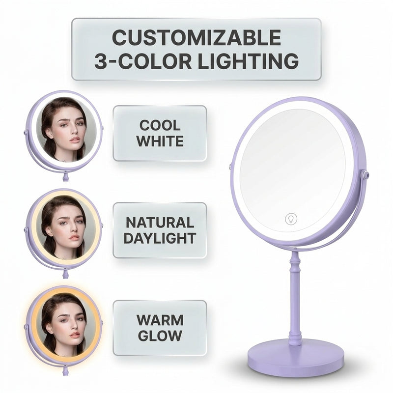 LED makeup mirror customizable 3-color lighting: cool white, natural daylight, and warm glow
