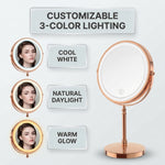 LED makeup mirror customizable 3-color lighting: cool white, natural daylight, and warm glow