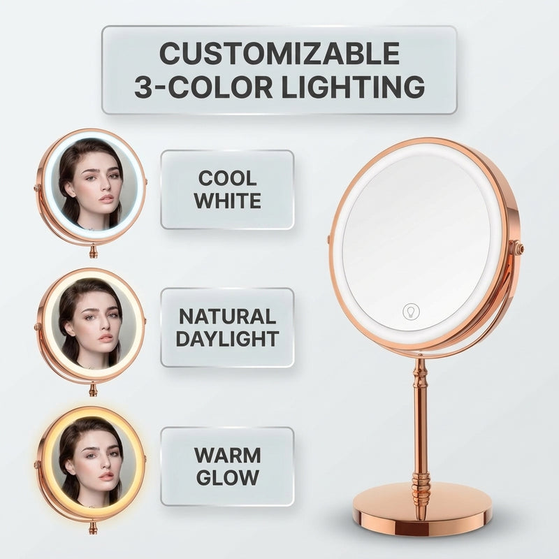 LED makeup mirror customizable 3-color lighting: cool white, natural daylight, and warm glow