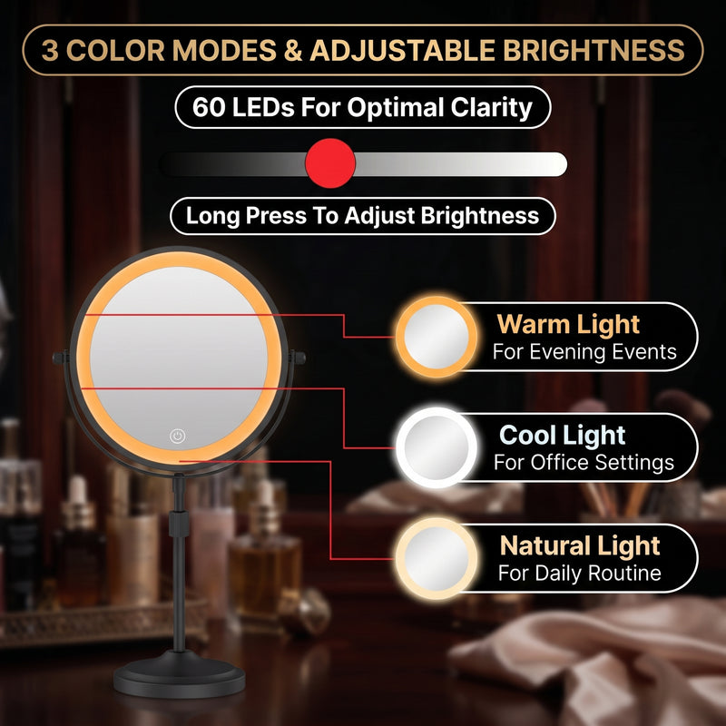 LED makeup mirror showing three color modes powered by 60 LEDs