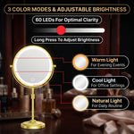 LED makeup mirror showing three color modes powered by 60 LEDs