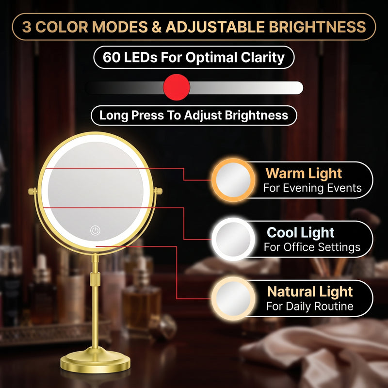 LED makeup mirror showing three color modes powered by 60 LEDs