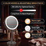 LED makeup mirror showing three color modes powered by 60 LEDs