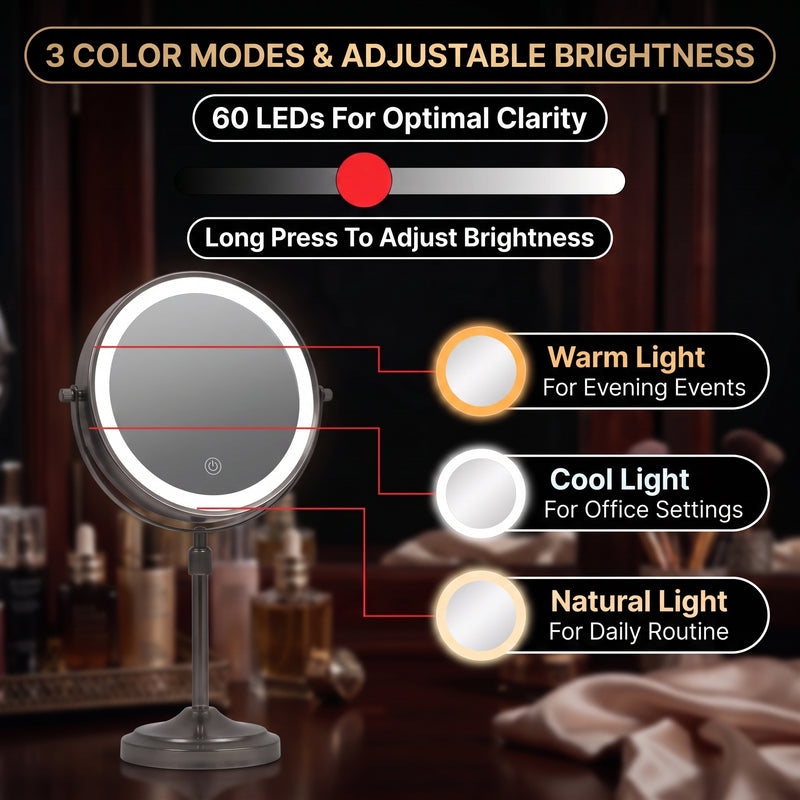 LED makeup mirror showing three color modes powered by 60 LEDs