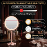 LED makeup mirror showing three color modes powered by 60 LEDs