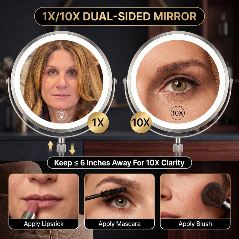 LED makeup mirror showing three color modes powered by 60 LEDs