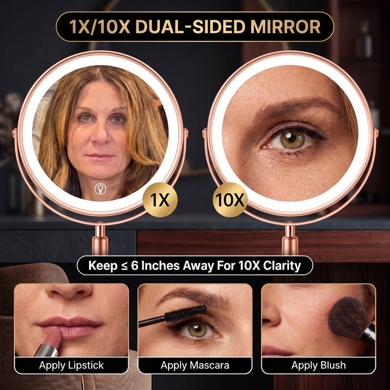 LED makeup mirror showing three color modes powered by 60 LEDs