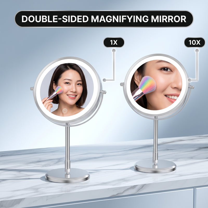 LED makeup mirror stepless dimming control shown across three brightness levels