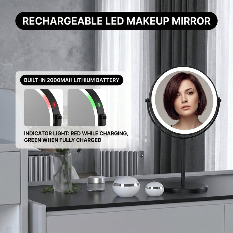 LED makeup mirror stepless dimming control shown across three brightness levels