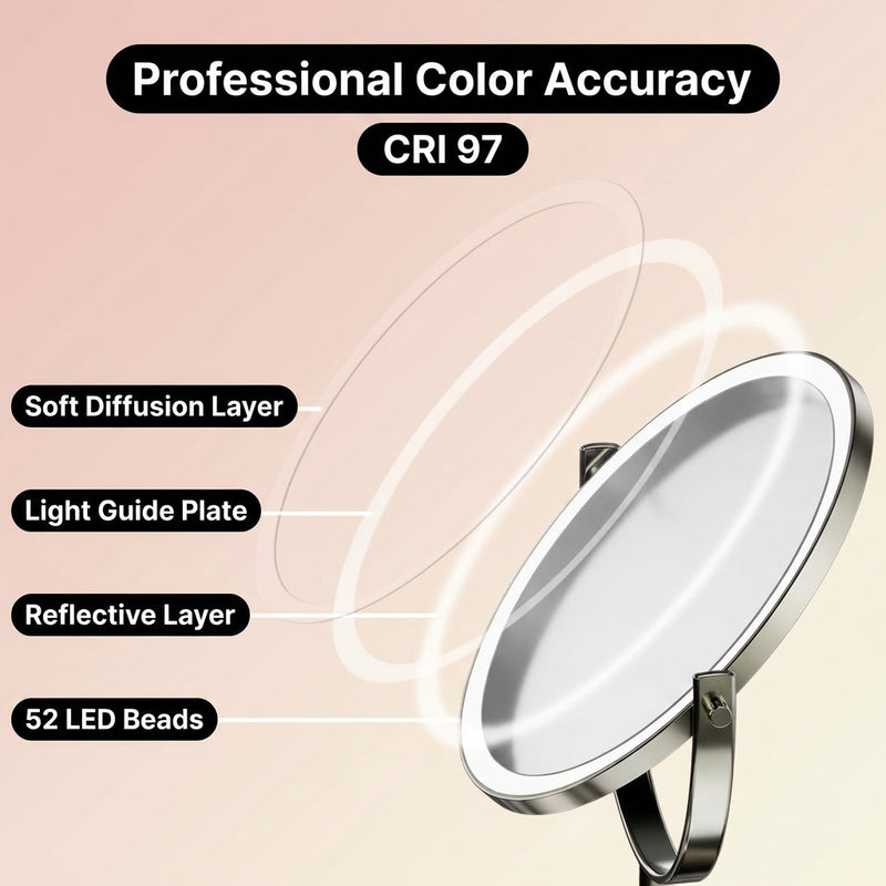 LED makeup mirror stepless dimming control shown across three brightness levels