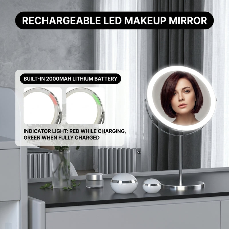 LED makeup mirror stepless dimming control shown across three brightness levels
