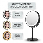 LED makeup mirror stepless dimming control shown across three brightness levels