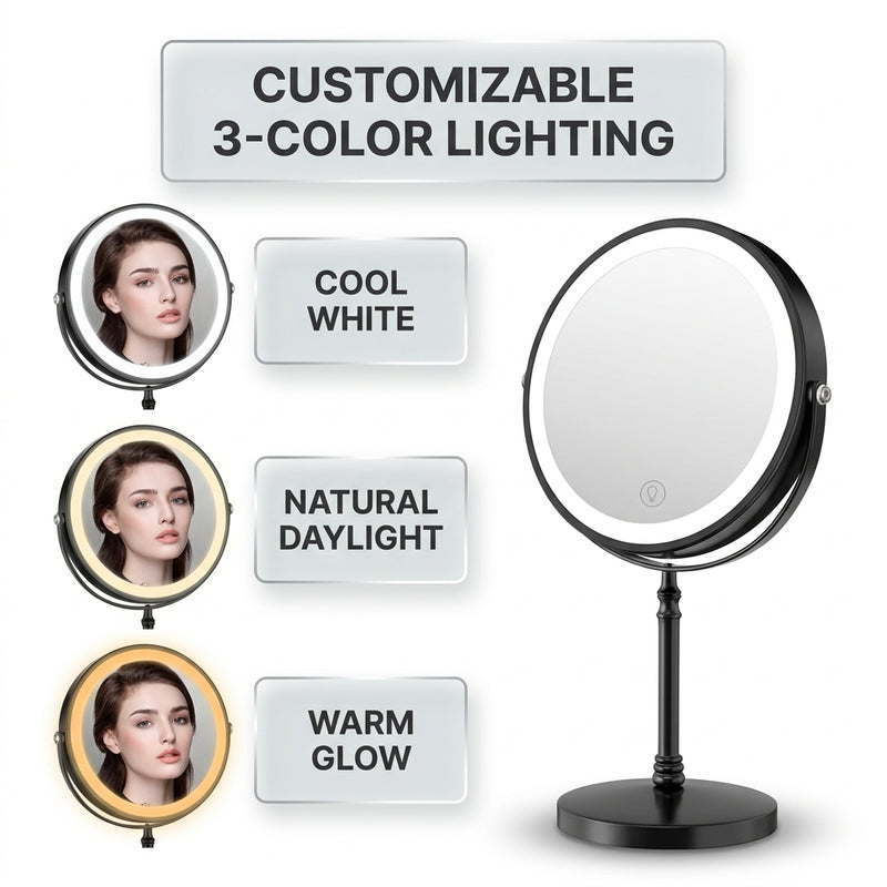 LED makeup mirror stepless dimming control shown across three brightness levels