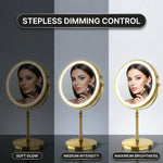 LED makeup mirror stepless dimming control shown across three brightness levels
