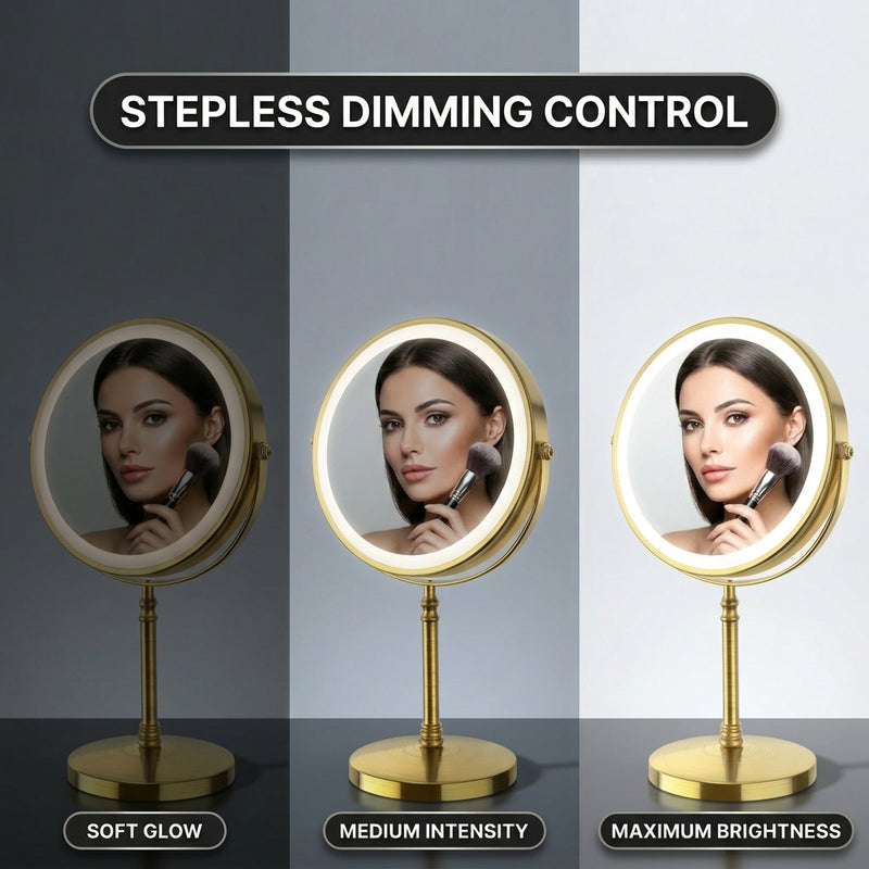 LED makeup mirror stepless dimming control shown across three brightness levels