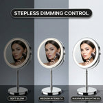 LED makeup mirror stepless dimming control shown across three brightness levels
