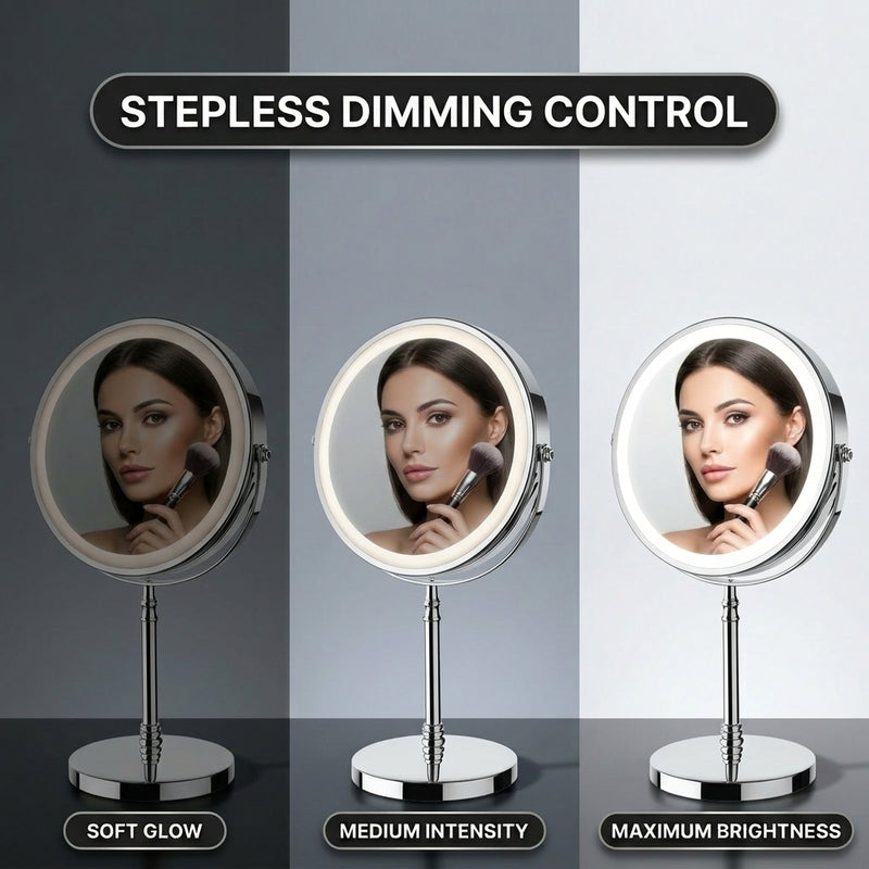 LED makeup mirror stepless dimming control shown across three brightness levels