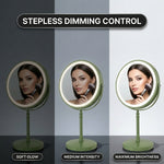 LED makeup mirror stepless dimming control shown across three brightness levels
