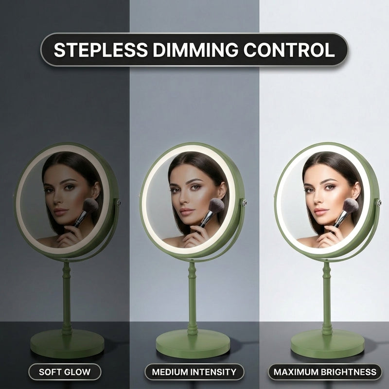 LED makeup mirror stepless dimming control shown across three brightness levels
