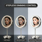 LED makeup mirror stepless dimming control shown across three brightness levels