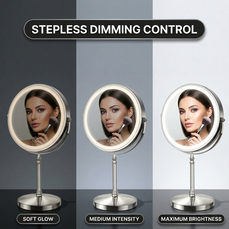 LED makeup mirror stepless dimming control shown across three brightness levels